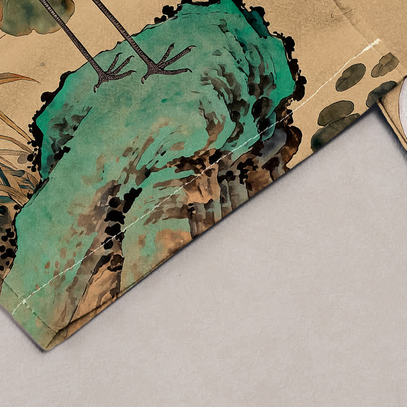 Buddha Stones Damenhose aus reiner Baumwolle mit Kranich- und Lotus-Tintenmuster, elastischem Bund und Taschen - image 1