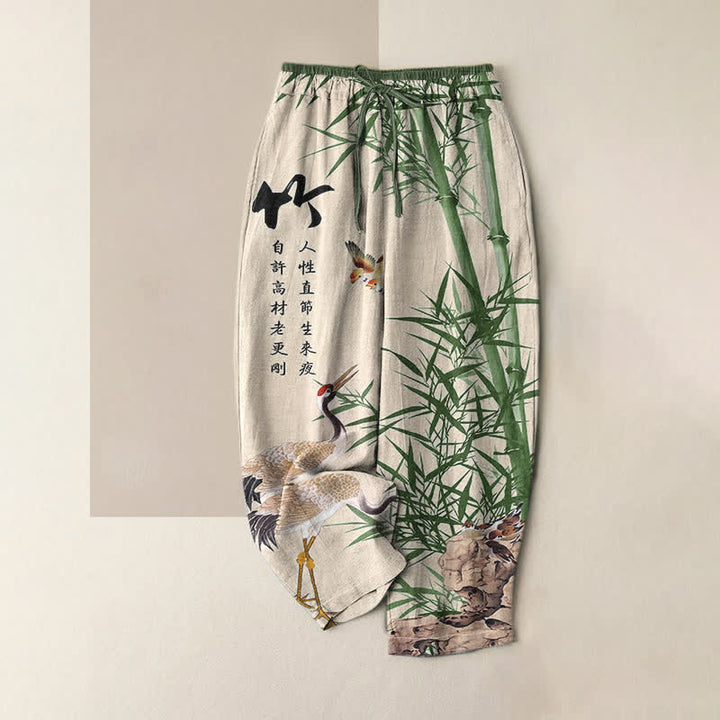 Buddha Stones Damenhose aus reiner Baumwolle mit künstlerischem Bambus-Kranichmuster, elastischem Bund und Taschen - Antikweiß - US16, UK/AU20, EU48 (3XL) - image 0