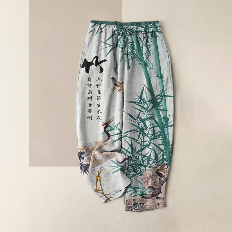 Buddha Stones Damenhose aus reiner Baumwolle mit künstlerischem Bambus-Kranichmuster, elastischem Bund und Taschen - Hellblau - US16, UK/AU20, EU48 (3XL) - image 3