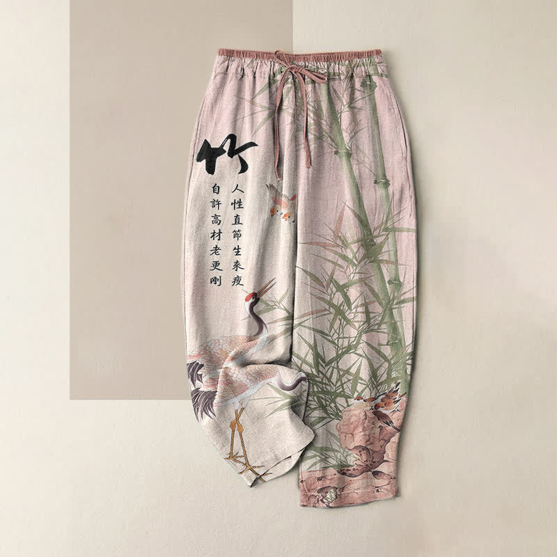 Buddha Stones Damenhose aus reiner Baumwolle mit künstlerischem Bambus-Kranichmuster, elastischem Bund und Taschen - Lavendel-Rouge - US16, UK/AU20, EU48 (3XL) - image 4