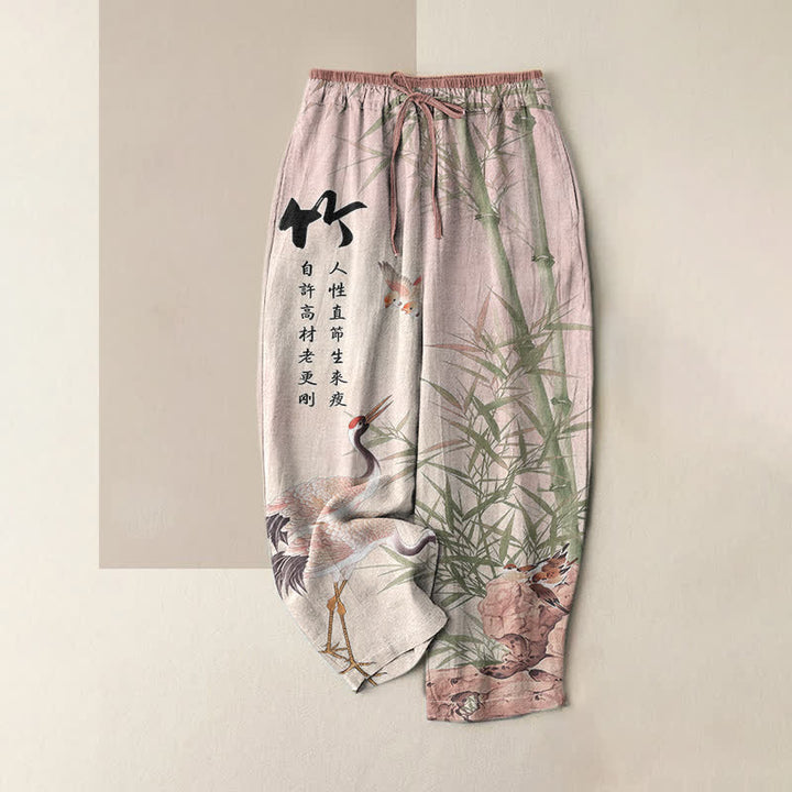 Buddha Stones Damenhose aus reiner Baumwolle mit künstlerischem Bambus-Kranichmuster, elastischem Bund und Taschen - Lavendel-Rouge - US16, UK/AU20, EU48 (3XL) - image 4