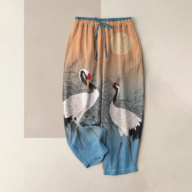 Buddha Stones Damenhose aus reiner Baumwolle mit orientalischem Kranich-Schilfmuster, elastischem Bund und Taschen - SandyBrown - US16, UK/AU20, EU48 (3XL) - image 0