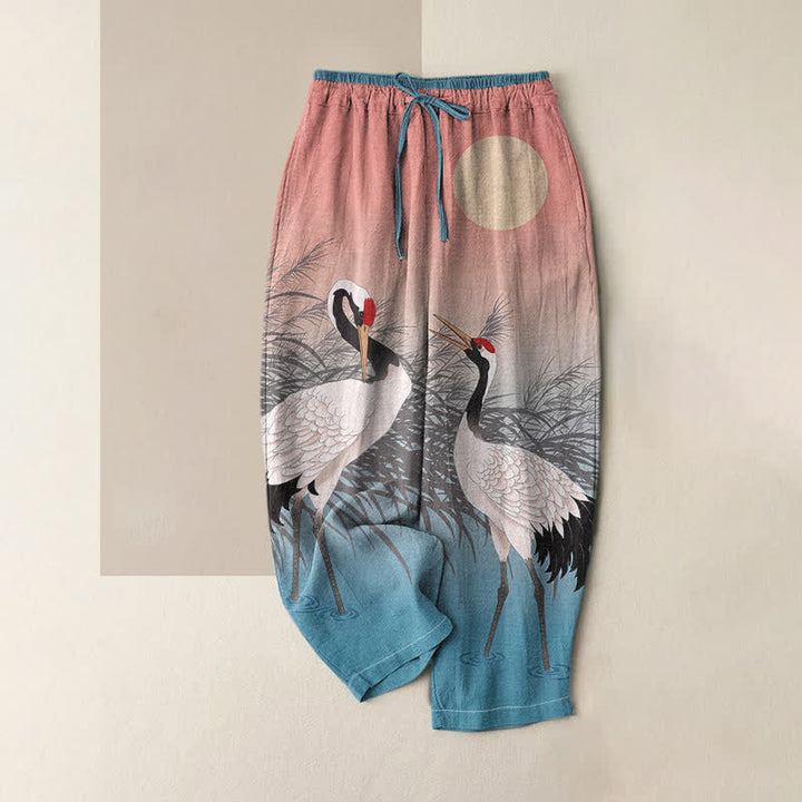 Buddha Stones Damenhose aus reiner Baumwolle mit orientalischem Kranich-Schilfmuster, elastischem Bund und Taschen - Hellkoralle - US16, UK/AU20, EU48 (3XL) - image 3
