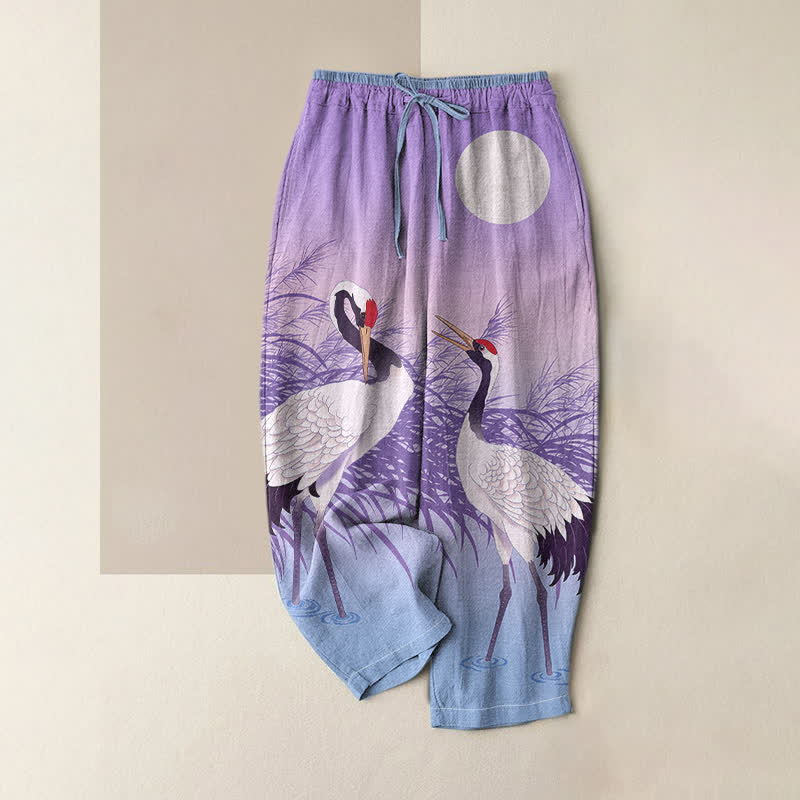 Buddha Stones Damenhose aus reiner Baumwolle mit orientalischem Kranich-Schilfmuster, elastischem Bund und Taschen - Mittelviolett - US16, UK/AU20, EU48 (3XL) - image 4