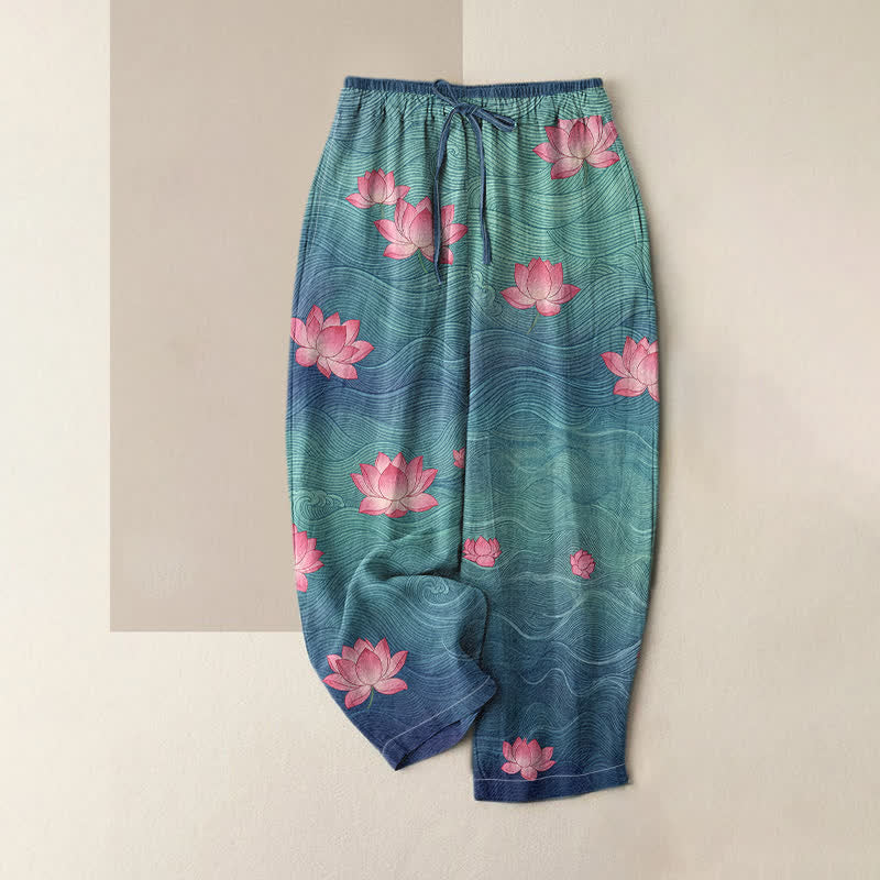 Buddha Stones Reine Baumwolle, traumhaftes Lotusmuster mit Farbverlauf, elastischer Bund und Taschen für Damen - SteelBlue - US16, UK/AU20, EU48 (3XL) - image 0