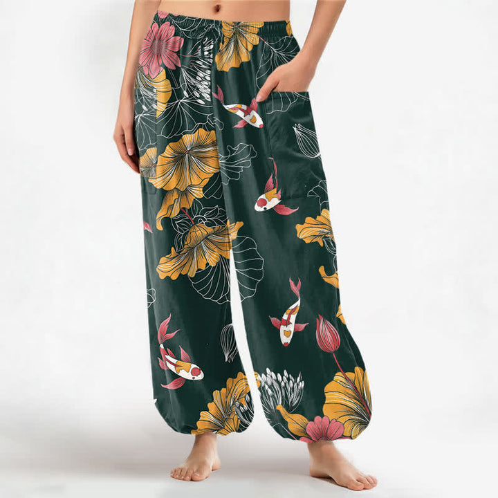 Buddha Stones Vintage-Haremshose aus Baumwolle mit Lotus-Koi-Blumenmuster, elastischem Bund und Seitentaschen - Dunkelgrün - US16, UK/AU20, EU48 (3XL) - image 0