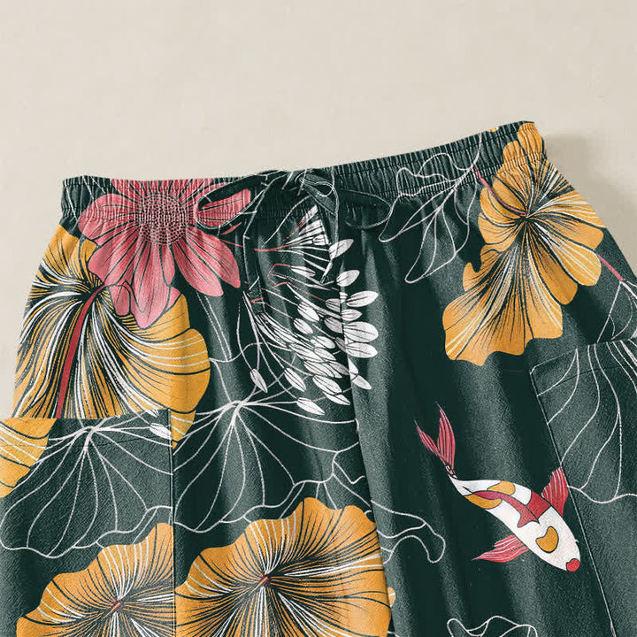 Buddha Stones Vintage-Haremshose aus Baumwolle mit Lotus-Koi-Blumenmuster, elastischem Bund und Seitentaschen - image 5