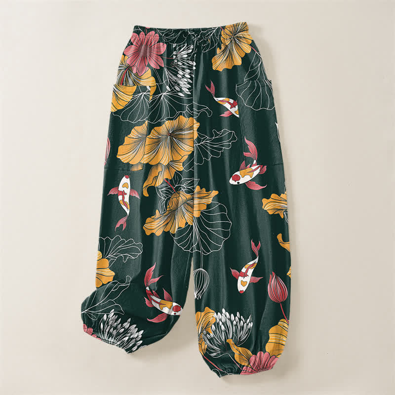Buddha Stones Vintage-Haremshose aus Baumwolle mit Lotus-Koi-Blumenmuster, elastischem Bund und Seitentaschen - image 3