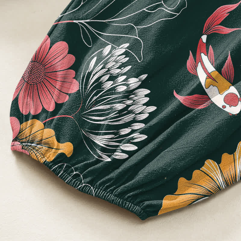 Buddha Stones Vintage-Haremshose aus Baumwolle mit Lotus-Koi-Blumenmuster, elastischem Bund und Seitentaschen - image 6