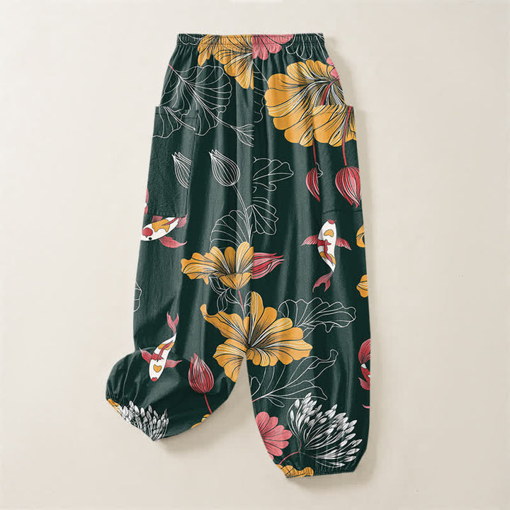 Buddha Stones Vintage-Haremshose aus Baumwolle mit Lotus-Koi-Blumenmuster, elastischem Bund und Seitentaschen - image 4