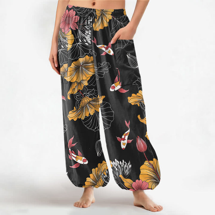 Buddha Stones Vintage-Haremshose aus Baumwolle mit Lotus-Koi-Blumenmuster, elastischem Bund und Seitentaschen - Schwarz - US16, UK/AU20, EU48 (3XL) - image 7