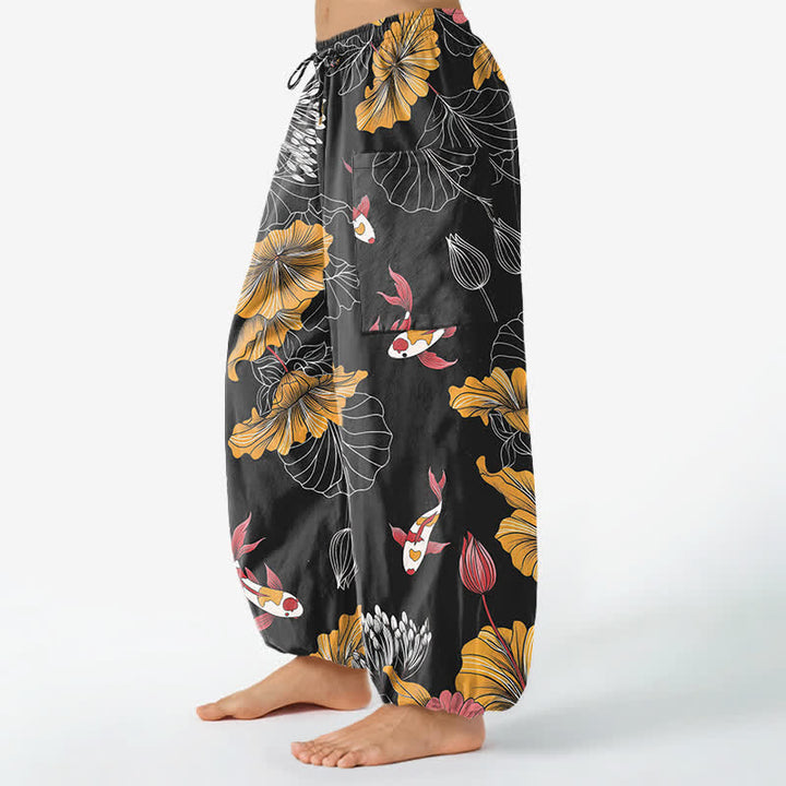 Buddha Stones Vintage-Haremshose aus Baumwolle mit Lotus-Koi-Blumenmuster, elastischem Bund und Seitentaschen - image 8