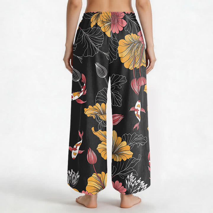 Buddha Stones Vintage-Haremshose aus Baumwolle mit Lotus-Koi-Blumenmuster, elastischem Bund und Seitentaschen - image 9