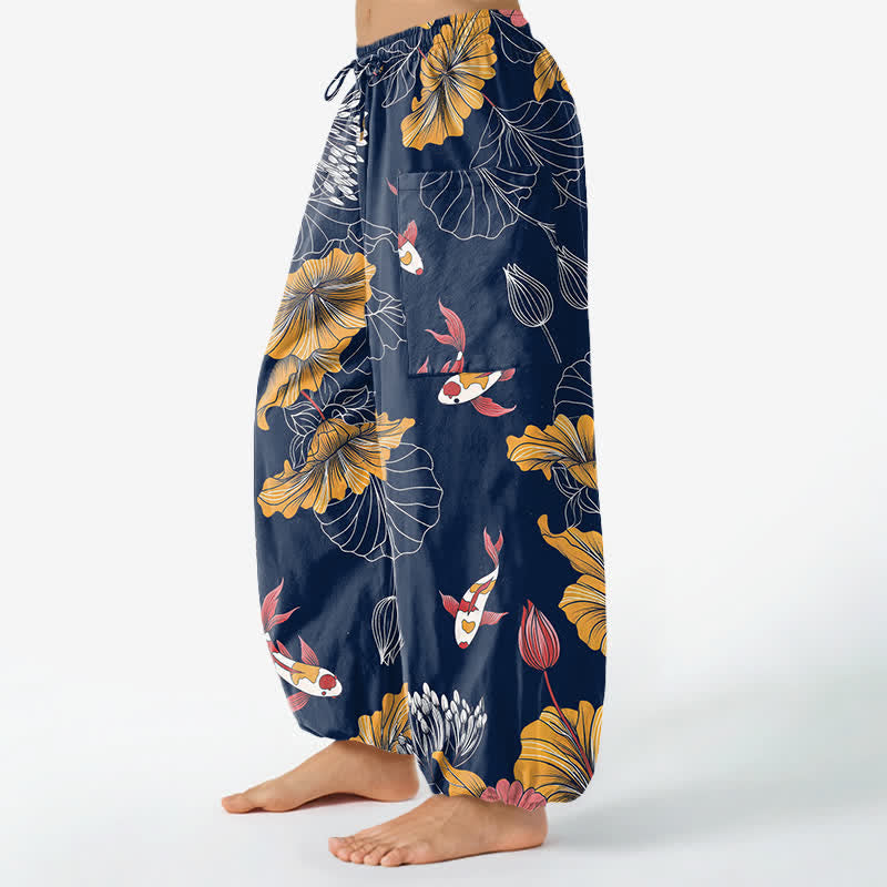 Buddha Stones Vintage-Haremshose aus Baumwolle mit Lotus-Koi-Blumenmuster, elastischem Bund und Seitentaschen - image 11