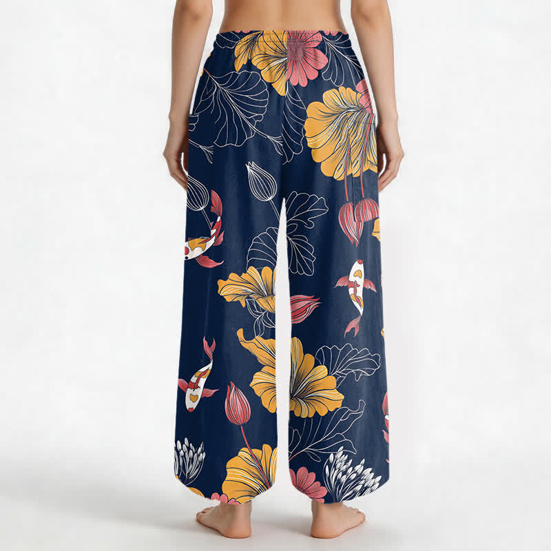 Buddha Stones Vintage-Haremshose aus Baumwolle mit Lotus-Koi-Blumenmuster, elastischem Bund und Seitentaschen - image 12