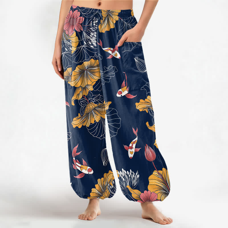 Buddha Stones Vintage-Haremshose aus Baumwolle mit Lotus-Koi-Blumenmuster, elastischem Bund und Seitentaschen - Marine - US16, UK/AU20, EU48 (3XL) - image 10