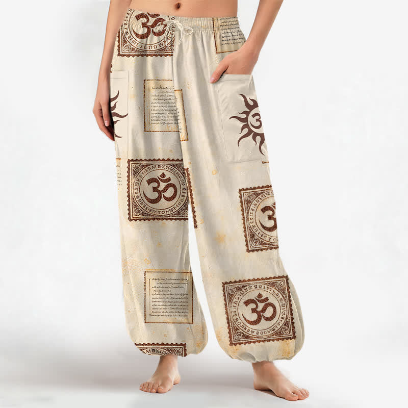 Buddha Stones Vintage-Haremshose aus Baumwolle mit Om-Sonnenmuster, elastischem Bund und Seitentaschen - Beige - US16, UK/AU20, EU48 (3XL) - image 0