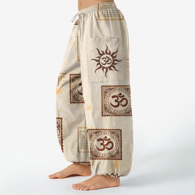 Buddha Stones Vintage-Haremshose aus Baumwolle mit Om-Sonnenmuster, elastischem Bund und Seitentaschen - image 1