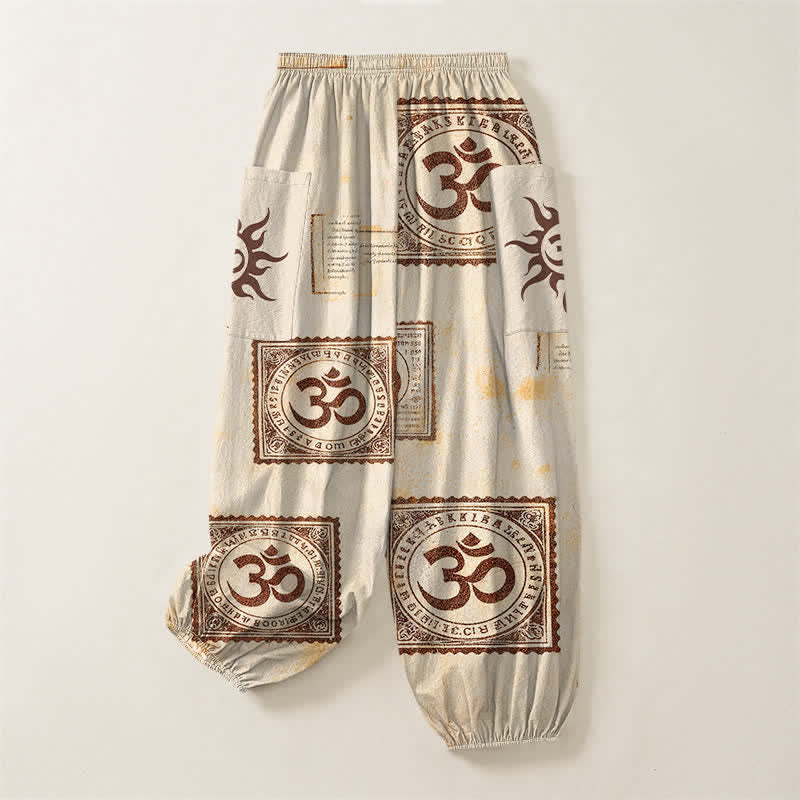 Buddha Stones Vintage-Haremshose aus Baumwolle mit Om-Sonnenmuster, elastischem Bund und Seitentaschen - image 4