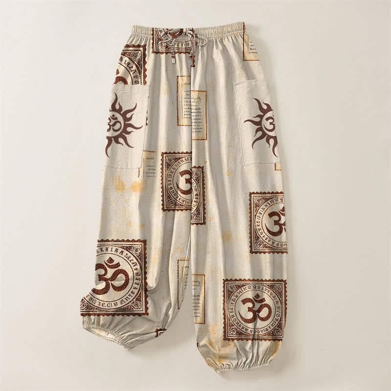 Buddha Stones Vintage-Haremshose aus Baumwolle mit Om-Sonnenmuster, elastischem Bund und Seitentaschen - image 3