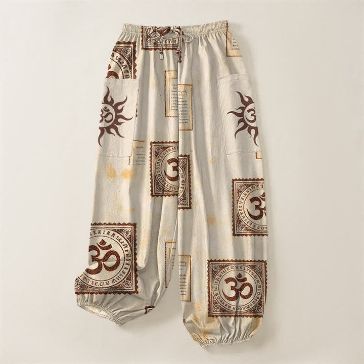 Buddha Stones Vintage-Haremshose aus Baumwolle mit Om-Sonnenmuster, elastischem Bund und Seitentaschen - image 3