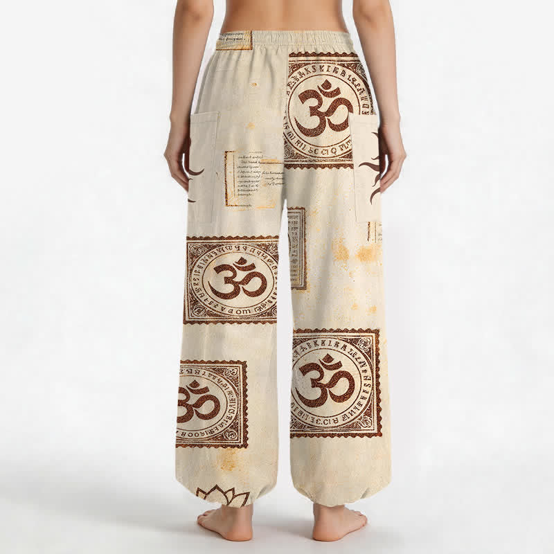 Buddha Stones Vintage-Haremshose aus Baumwolle mit Om-Sonnenmuster, elastischem Bund und Seitentaschen - image 2