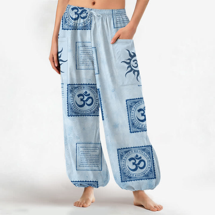 Buddha Stones Vintage-Haremshose aus Baumwolle mit Om-Sonnenmuster, elastischem Bund und Seitentaschen - Hellblau - US16, UK/AU20, EU48 (3XL) - image 7