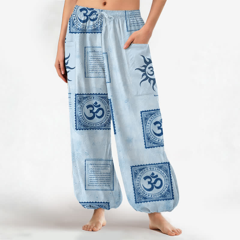 Buddha Stones Vintage-Haremshose aus Baumwolle mit Om-Sonnenmuster, elastischem Bund und Seitentaschen - Hellblau - US16, UK/AU20, EU48 (3XL) - image 7