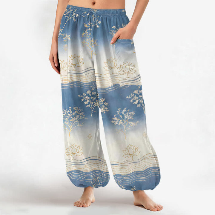 Buddha Stones Haremshose aus Baumwolle mit Lotus-Wellenmuster, elastischem Bund und Seitentaschen - Kornblumenblau - US16, UK/AU20, EU48 (3XL) - image 0