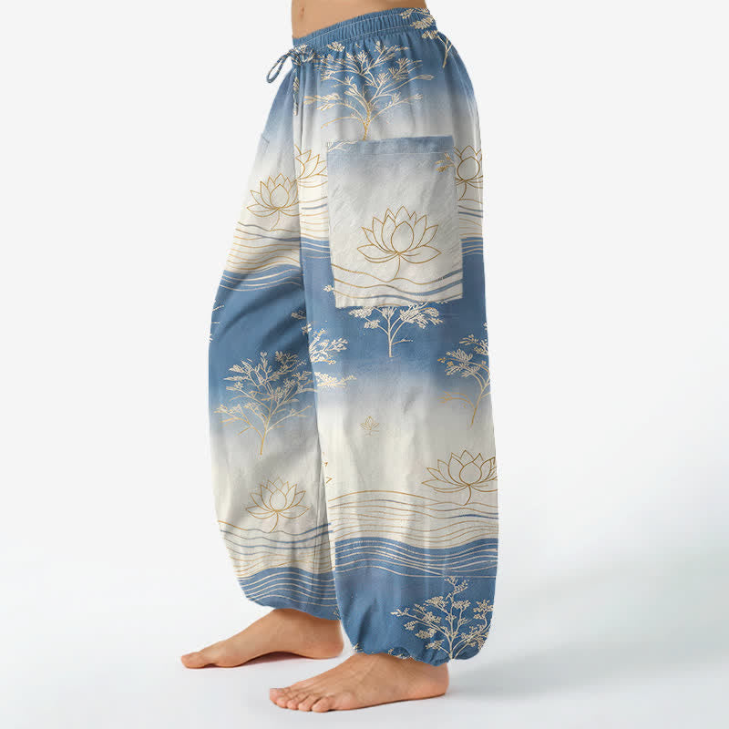 Buddha Stones Haremshose aus Baumwolle mit Lotus-Wellenmuster, elastischem Bund und Seitentaschen - image 1