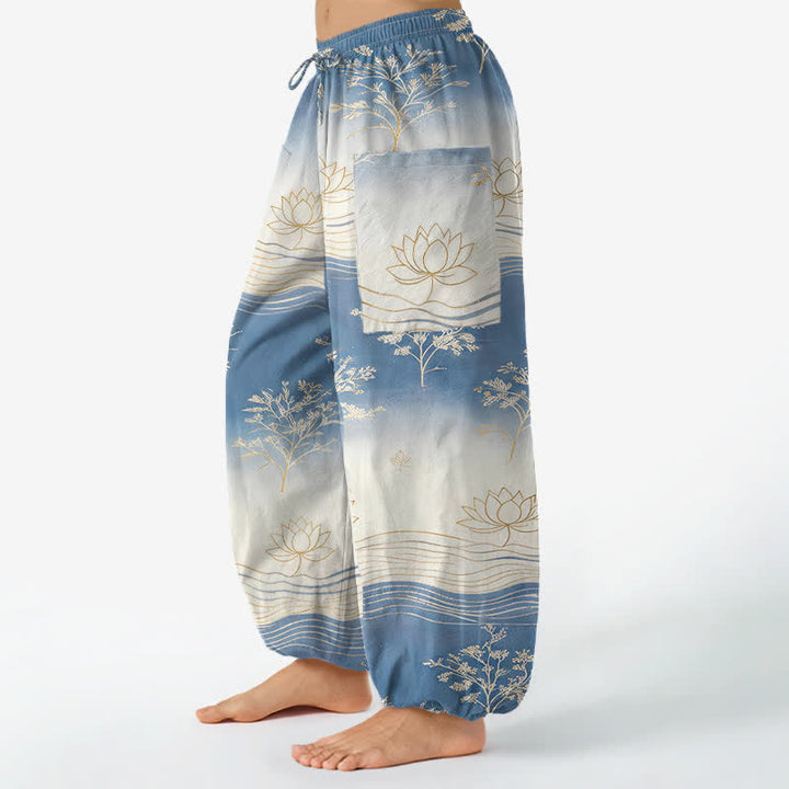 Buddha Stones Haremshose aus Baumwolle mit Lotus-Wellenmuster, elastischem Bund und Seitentaschen - image 1