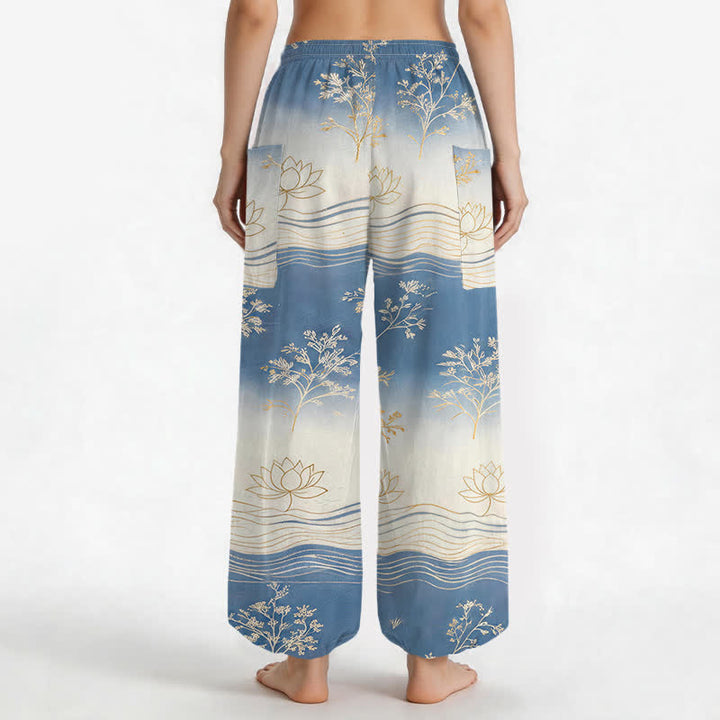 Buddha Stones Haremshose aus Baumwolle mit Lotus-Wellenmuster, elastischem Bund und Seitentaschen - image 2