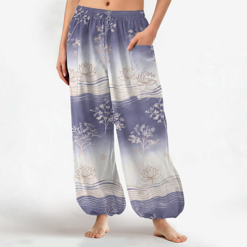 Buddha Stones Haremshose aus Baumwolle mit Lotus-Wellenmuster, elastischem Bund und Seitentaschen - Mittelviolett - US16, UK/AU20, EU48 (3XL) - image 7