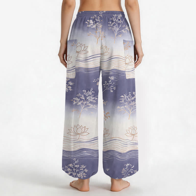 Buddha Stones Haremshose aus Baumwolle mit Lotus-Wellenmuster, elastischem Bund und Seitentaschen - image 9
