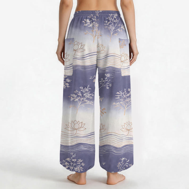 Buddha Stones Haremshose aus Baumwolle mit Lotus-Wellenmuster, elastischem Bund und Seitentaschen - image 9