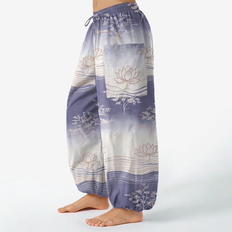 Buddha Stones Haremshose aus Baumwolle mit Lotus-Wellenmuster, elastischem Bund und Seitentaschen - image 8