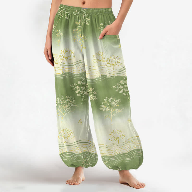 Buddha Stones Haremshose aus Baumwolle mit Lotus-Wellenmuster, elastischem Bund und Seitentaschen - Hellgrün - US16, UK/AU20, EU48 (3XL) - image 10