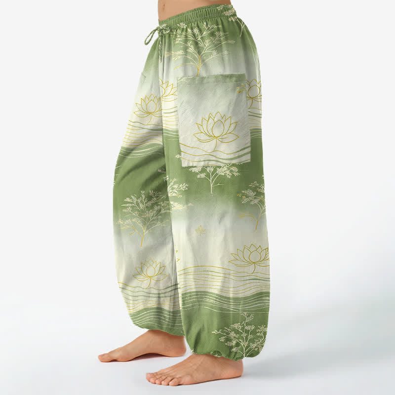 Buddha Stones Haremshose aus Baumwolle mit Lotus-Wellenmuster, elastischem Bund und Seitentaschen - image 11