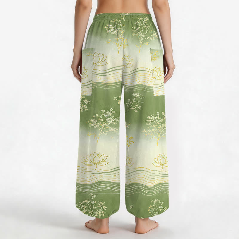 Buddha Stones Haremshose aus Baumwolle mit Lotus-Wellenmuster, elastischem Bund und Seitentaschen - image 12