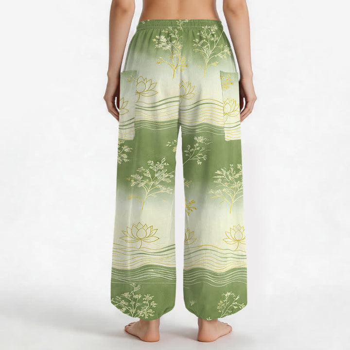 Buddha Stones Haremshose aus Baumwolle mit Lotus-Wellenmuster, elastischem Bund und Seitentaschen - image 12