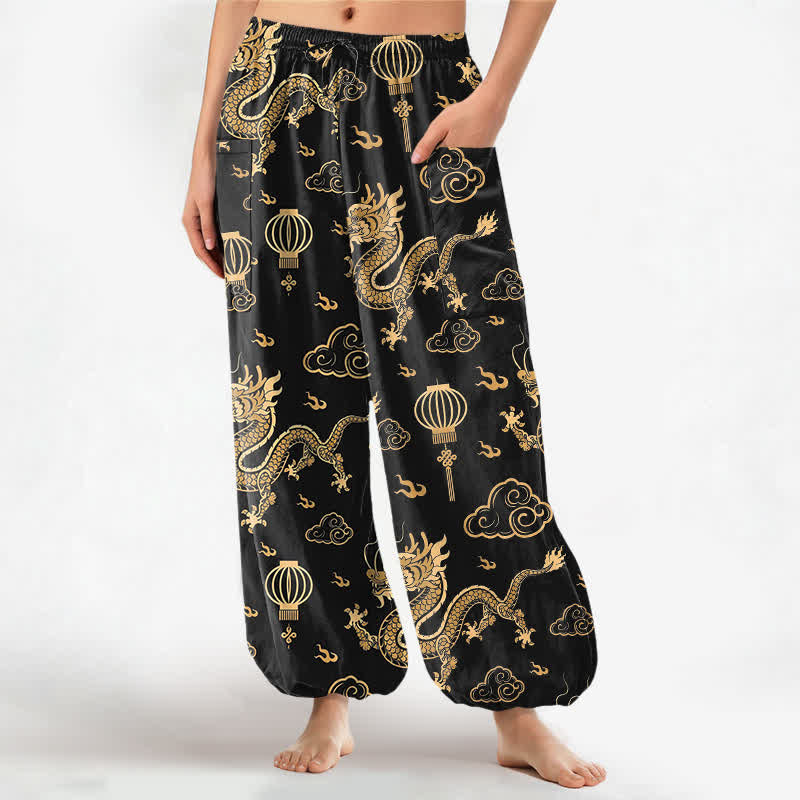 Buddha Stones Haremshose aus Baumwolle mit goldenem Drachenlaternenmuster, elastischem Bund und Seitentaschen für Damen - Schwarz - US16, UK/AU20, EU48 (3XL) - image 0