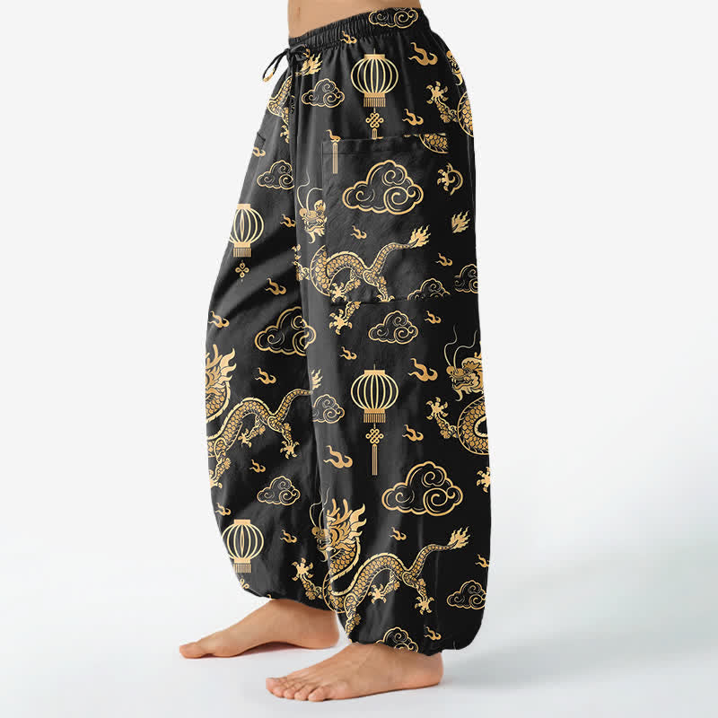 Buddha Stones Haremshose aus Baumwolle mit goldenem Drachenlaternenmuster, elastischem Bund und Seitentaschen für Damen - image 1