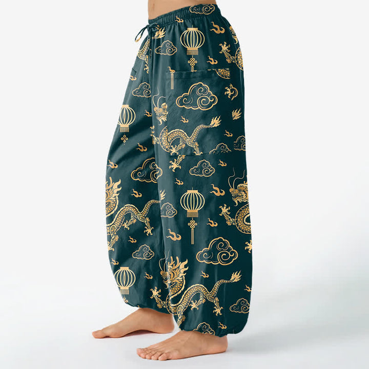 Buddha Stones Haremshose aus Baumwolle mit goldenem Drachenlaternenmuster, elastischem Bund und Seitentaschen für Damen - image 8