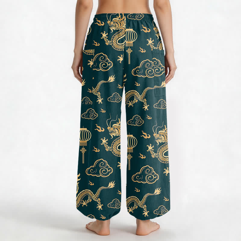 Buddha Stones Haremshose aus Baumwolle mit goldenem Drachenlaternenmuster, elastischem Bund und Seitentaschen für Damen - image 9