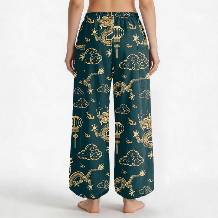 Buddha Stones Haremshose aus Baumwolle mit goldenem Drachenlaternenmuster, elastischem Bund und Seitentaschen für Damen - image 9