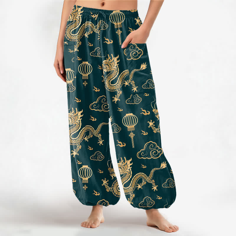 Buddha Stones Haremshose aus Baumwolle mit goldenem Drachenlaternenmuster, elastischem Bund und Seitentaschen für Damen - Türkis - US16, UK/AU20, EU48 (3XL) - image 7