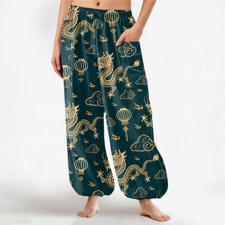 Buddha Stones Haremshose aus Baumwolle mit goldenem Drachenlaternenmuster, elastischem Bund und Seitentaschen für Damen - Türkis - US16, UK/AU20, EU48 (3XL) - image 7