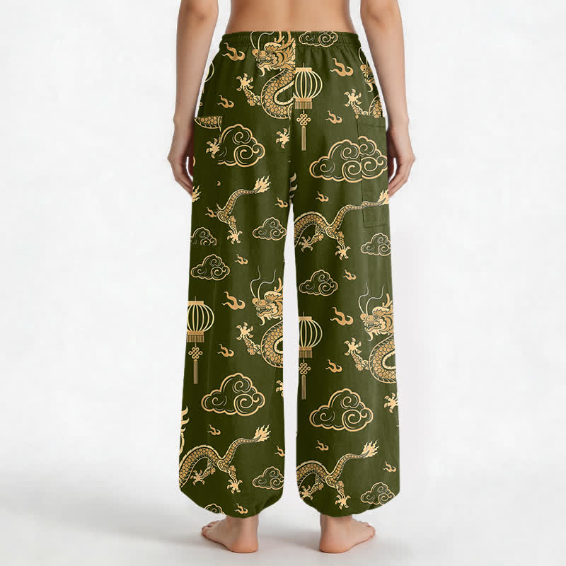 Buddha Stones Haremshose aus Baumwolle mit goldenem Drachenlaternenmuster, elastischem Bund und Seitentaschen für Damen - image 12