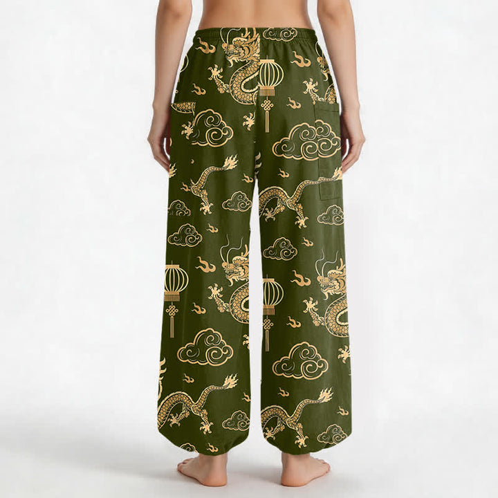 Buddha Stones Haremshose aus Baumwolle mit goldenem Drachenlaternenmuster, elastischem Bund und Seitentaschen für Damen - image 12