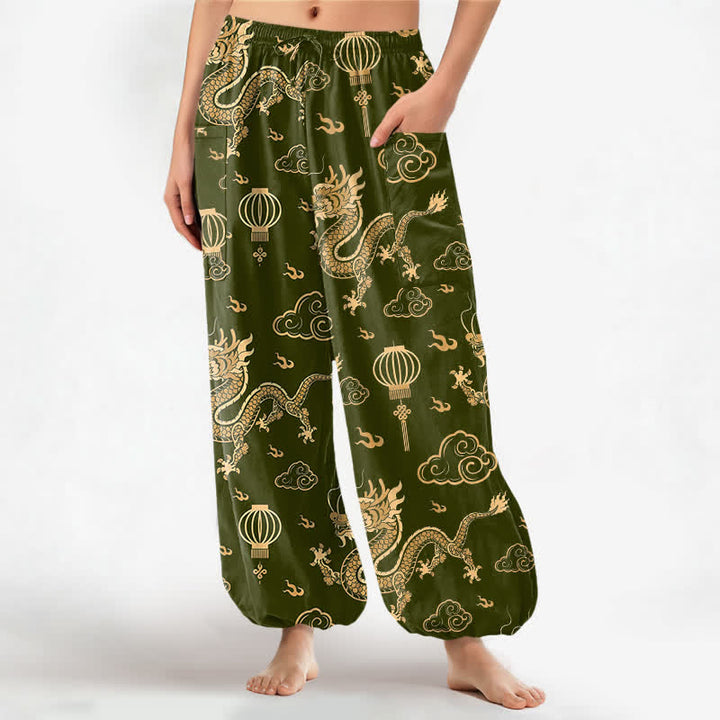 Buddha Stones Haremshose aus Baumwolle mit goldenem Drachenlaternenmuster, elastischem Bund und Seitentaschen für Damen - Dunkelolivgrün - US16, UK/AU20, EU48 (3XL) - image 10